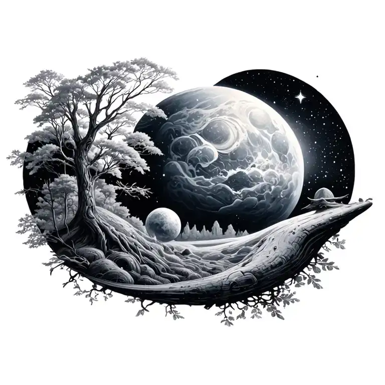 nature and space and spirtuality tattoo design idea