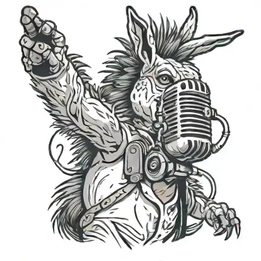 a wild donkey dancing merrily around a microphone. The tattoo is coloured: grey for the donkey and black for the donkey. tattoo design idea