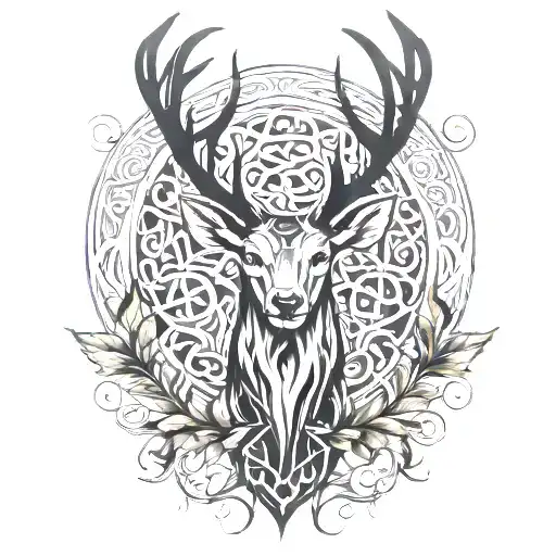 standing stag with leaves intertwined in its antlers, celtic style tattoo design idea