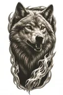 wolf fire flames left arm tattoo design idea