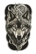 wolf fire flames left arm tattoo design idea