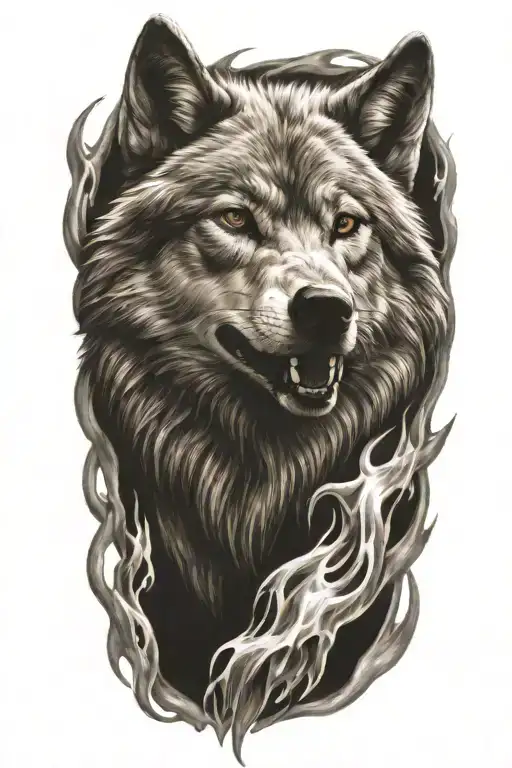 wolf fire flames left arm tattoo design idea