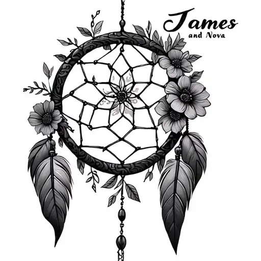 "James and Nova" dream catcher with flowers tattoo design idea