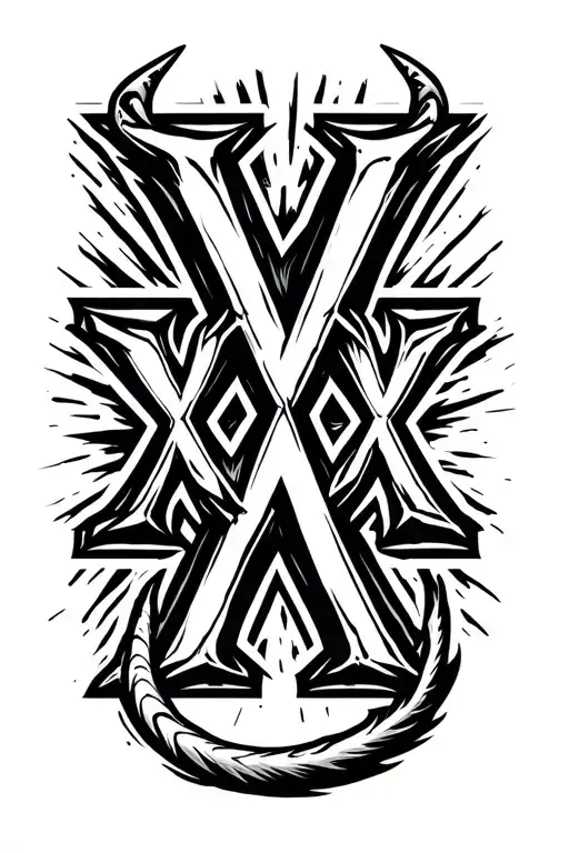 "XXX" "XXX" triple x, center X is bigger, center X has its ends extending horizonally in opposite directions, devil tail on one tattoo design idea