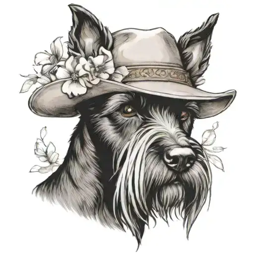 all black schnauzer with cowgirl hat and brown eyes and a collar and flowers looking to the side tattoo design idea