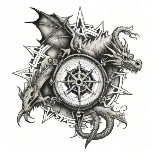 mountains dragon compass tattoo design idea