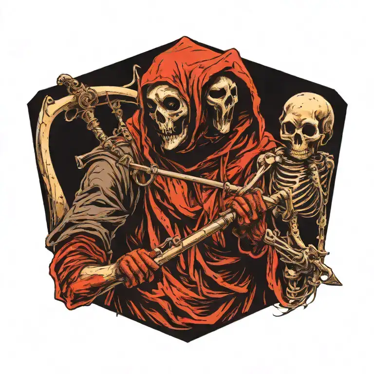 Ghostface holding a scythe girl with innocent looking tattoo design idea