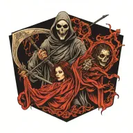 Ghostface holding a scythe girl with innocent looking tattoo design idea