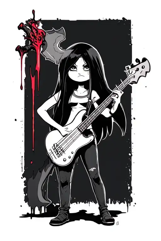 Marceline from Adventure Time playing her axe-shaped bass guitar, standing casually next to the Demon Blood Sword stuck  tattoo design idea