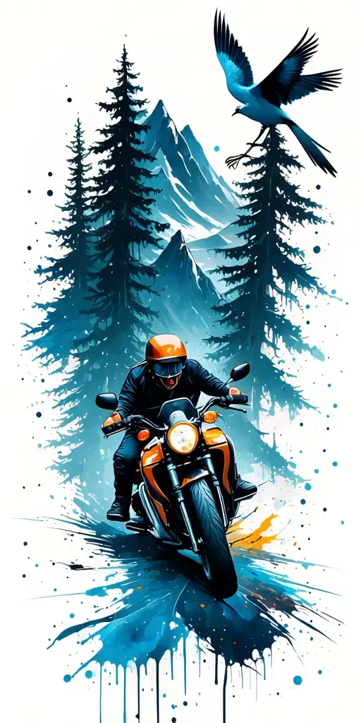 mountains, trees, a motorcycle, brush strokes, paint splatters, bones, birds tattoo design idea