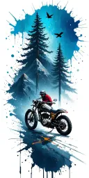 mountains, trees, a motorcycle, brush strokes, paint splatters, bones, birds tattoo design idea