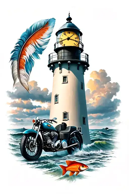 lighthouse with clock indian feather, motorcycle and fish tattoo design idea