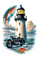lighthouse with clock indian feather, motorcycle and fish tattoo design idea