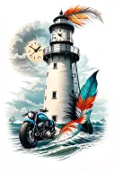 lighthouse with clock indian feather, motorcycle and fish tattoo design idea