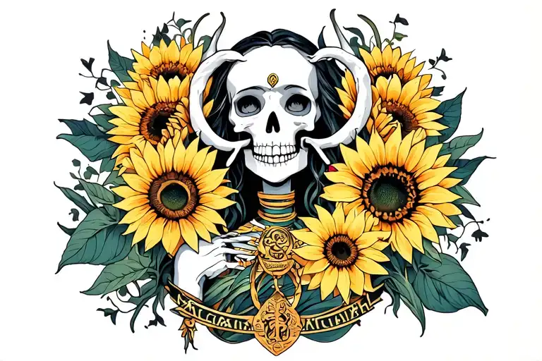 sunflowers wrapped around a female skeleton goddess the name Zachariah and a Aries sign tattoo design idea