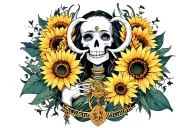 sunflowers wrapped around a female skeleton goddess the name Zachariah and a Aries sign tattoo design idea