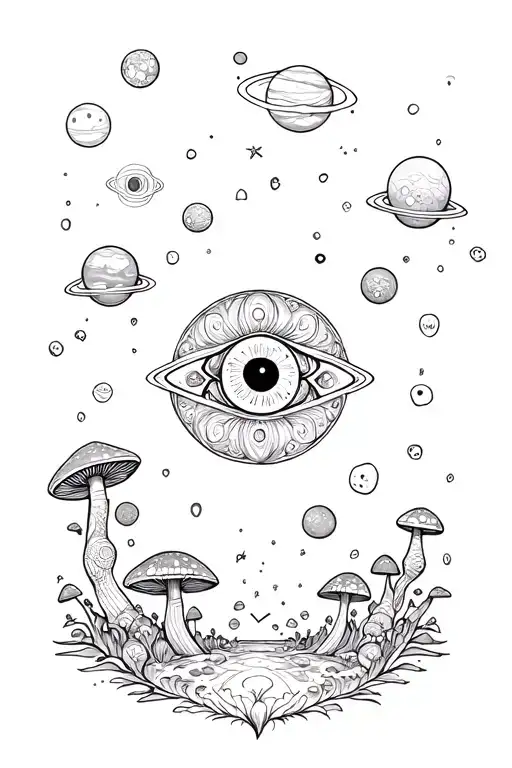 Big and buff Mandala around with aliens with a third eye looking, with mushrooms and little planets  tattoo design idea