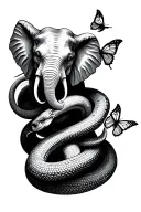 long curving snake wrapped and coiled around a elephant with sad broken butterflies  tattoo design idea