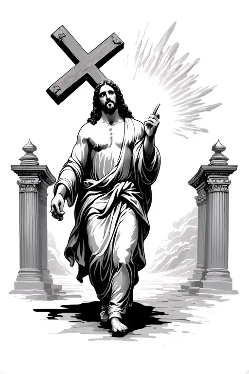 Jesus walking towards gates of heaven carrying cross on his back with lighting in the background tattoo design idea