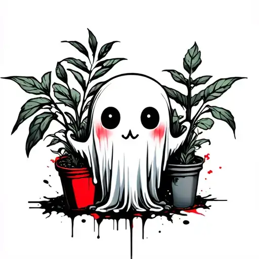 cute little ghost with indoor plants growing tattoo design idea