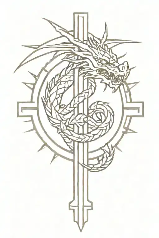 small cross with Aztec dragon wrapped tattoo design idea