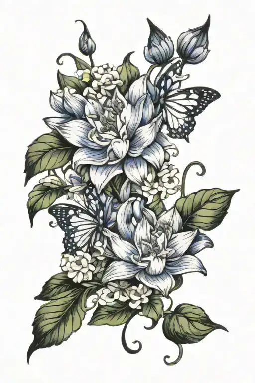 delphiniums and water lily intertwined tattoo design idea