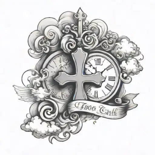 chest tattoo with cross in the middle and on left saying time heals and on the right saying fear no evil with clouds  tattoo design idea