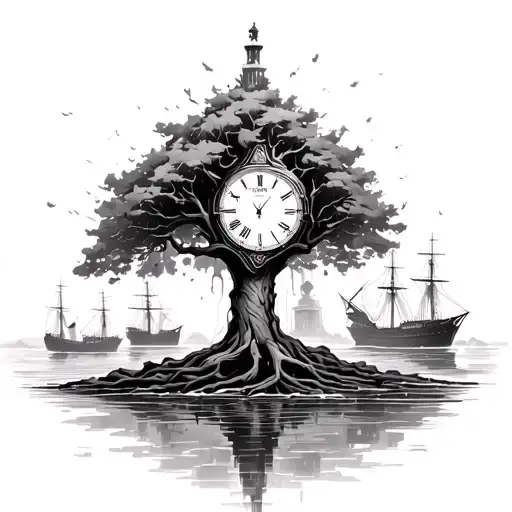 A tree, from the branches of which the molten dial of the watch flows, next to the monument of the flooded ships of Sevastopol tattoo design idea