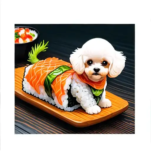 white toy poodle on a sushi roll tattoo design idea