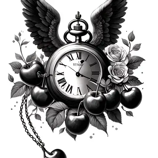 sketch a pocket watch with the time 11:11 with large cherrys, angel wings and roses growing tattoo design idea