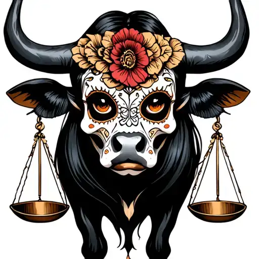 full woman body bull with sugar skull markings, brown eyes and two Libra scales with extra dark background tattoo design idea
