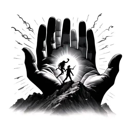 I want two hands coming from the sky like is god paths opening from the sky, then in the middle a child climbing a mount tattoo design idea