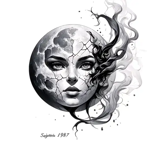 Sagittarius, dark feminine, face behind cracked mask, waxing gibbous moon, 1987, smoke tattoo tattoo design idea