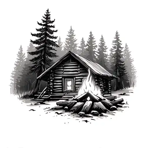 cabin in woods with lit camp fire photorealism high definition tattoo design idea