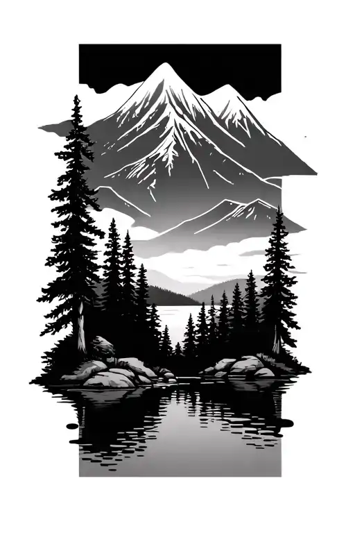 mountain scene with trees, river, lake tattoo design idea