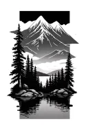 mountain scene with trees, river, lake tattoo design idea