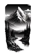 mountain scene with trees, river, lake tattoo design idea