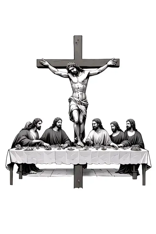 jesus on cross with the last supper behind  tattoo design idea