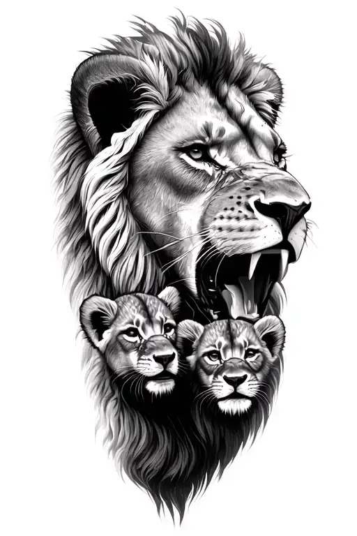 lion roaring lion's head with 3 cubs face only me when im tattoo design idea