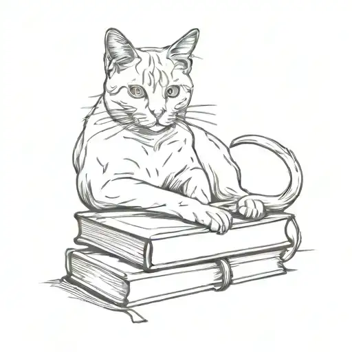 a cat on a book outline tattoo design idea