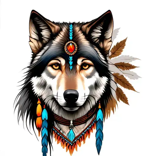 Wolf, Native American, woman face tattoo design idea