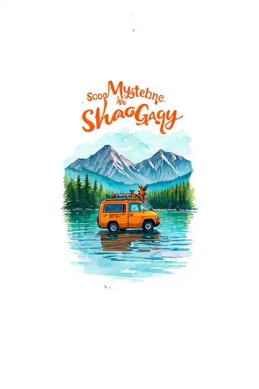 "Mystery machine and shaggy" scooby doo on a lake surrounded by mountains tattoo design idea