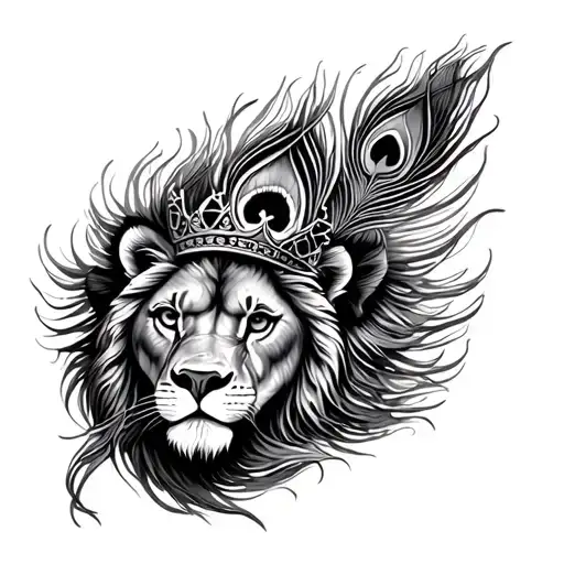 lion crown peacock feather tattoo design idea