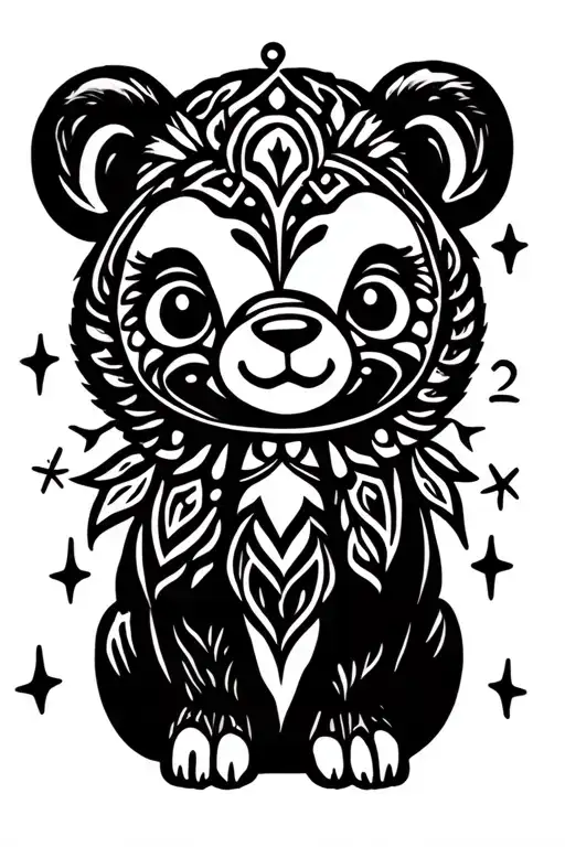 cute bear cub and north star tattoo design idea