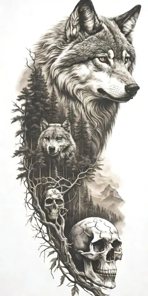 wolf and forest and mountains and skull tattoo design idea