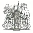 Disney castle with Mickey and Walt Disney Princess tattoo design idea