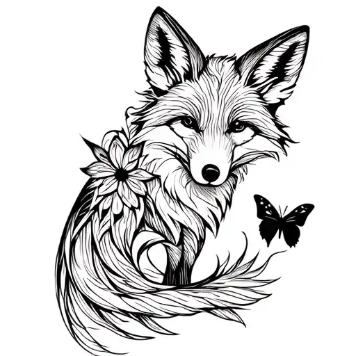 sexy Black Fox and butterfly simple line drawing tattoo design idea