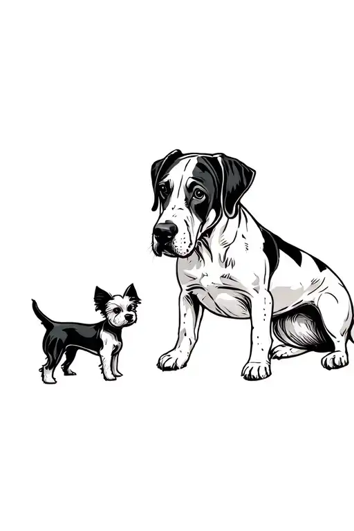 curious harlequin Great Dane with floppy ears looking down to a small yorkie with simple fine lines  tattoo design idea