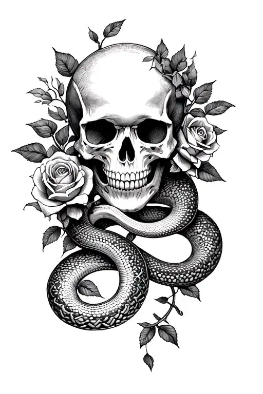 skull with a snake and rose vines wrapping around the arm  tattoo design idea