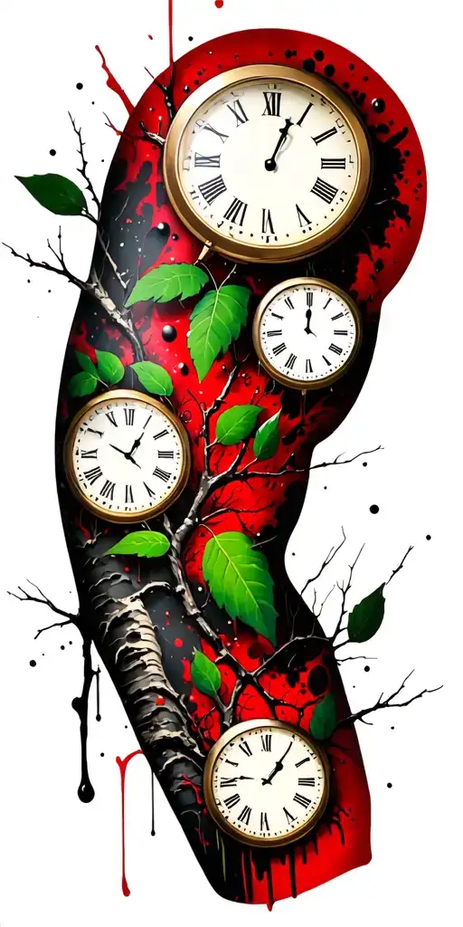 birch branches with hunter green leaves with only three clocks integrated into it for an arm sleeve tattoo design idea